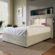 Lit coffre capitonné en lin - avec led et ports de charge usb - 90x200 cm - Beige