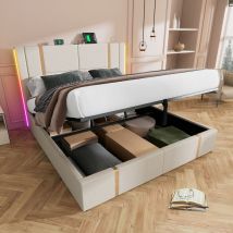 Wishdor - Lit coffre capitonné simple 180 x 200 cm avec led et fonction de chargement usb Type c, lin, beige, sans matelas