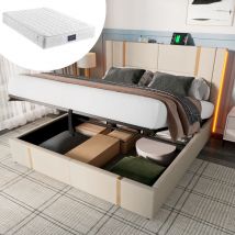 Lit coffre capitonné simple 140 x 200 cm avec led et fonction de chargement usb Type c, lin, beige, matelas inclus
