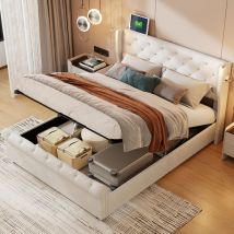 Eifson - Lit coffre 140x190 cm, lit capitonné hydraulique, avec rangement pneumatique, lampe de chevet et port usb, velours, adapté aux adultes et