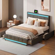 Lit 140x200 cm, avec 4 tiroirs, 2 fonctions USB, éclairage LED réglable, sommier à lattes, structure en métal, matière lin, convient aux adultes et