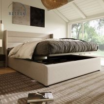 Retrok - Lit coffre double 140x200cm - avec structure métal, sommier à lattes, lit capitonné adulte en lin - Beige