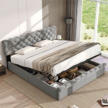 Fortuna Lai - Lit coffre 180x200 cm, lit double capitionné en velous avec sommier à lattes et tête de lit réglable, lit adulte gris