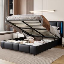 Eifson - Lit coffre double 140x200 cm, avec tête de lit éclairée led, grand espace de rangement, pu, ​​sommier à lattes, adapté aux adultes et