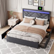 Lit double avec tiroirs 160x200 cm, avec tête de lit led réglable, avec chargement usb, avec 4 tiroirs, sommier à lattes, structure en métal - Gris