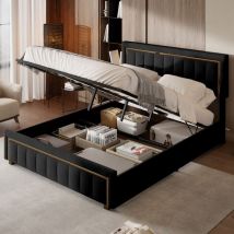 Eifson - Lit coffre 160x200 cm, tête de lit texturée verticale, cadre doré, tissu velours, lit à rembourrage hydraulique, convient aux adultes et aux