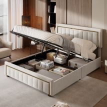 Eifson - Lit coffre double 160x200 cm, avec tête de lit en velours, bordure dorée à rayures verticales, sommier à lattes, structure en métal, adapté