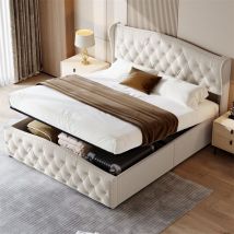 Eifson - Lit coffre 160x200 cm, tête de lit ondulée avec garniture rivetée, rangement hydraulique, flanelle, sommier à lattes, adapté aux adultes et
