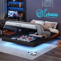 Lit coffre double 160x200 cm, avec éclairage led, chevet sans cadre, fonction rangement, matière pu, lit suspendu, sommier à lattes - Noir