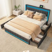Eifson - Lit double capitonné 140x200 cm, avec éclairage led et chargement usb, 4 tiroirs de rangement en fer, linge, adapté aux adultes et