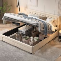 Eifson - Lit coffre double 180x200 cm, décoration de boutons, deux tiroirs en bout de lit, nombreux rangements, velours, sommier à lattes - Beige