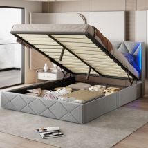 Eifson - Lit coffre double 140x200 cm, éclairage led sur les côtés du chevet, nombreux rangements, sommier à lattes, velours glacé - Gris