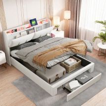 Eifson - Lit coffre double 160x200 cm, avec tête de lit led rangement caché, chargement usb et Type-C, tiroirs, sommier à lattes, lit capitonné en