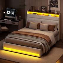 Sureh - lit coffre double 160x200, lit coffre capitonné avec sommier, lit double 160x200 avec éclairage led, lit adulte, lit hydraulique, Tête de lit
