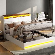 lit coffre double, Lit coffre capitonné 140x200 avec sommier, lit double avec éclairage LED, lit adulte 140x200, lit hydraulique, Tête de lit avec