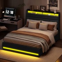 lit coffre double 160x200, lit coffre capitonné avec sommier, lit double 160x200 avec éclairage LED, lit adulte, lit hydraulique, Tête de lit avec