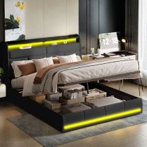 lit coffre double, Lit coffre capitonné 140x200 avec sommier, lit double avec éclairage LED, lit adulte 140x200, lit hydraulique, Tête de lit avec