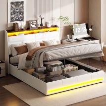 Tanant - Lit coffre double 160x200 cm, cadre de lit, tête de lit capitonnée avec éclairage led et port de chargement usb, sommier à lattes, lit