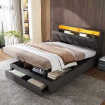 Eifson - Lit coffre double 140x200 cm, avec tête de lit escamotable, éclairage led, coffre de lit relevable hydraulique, grand tiroir en bout de lit,