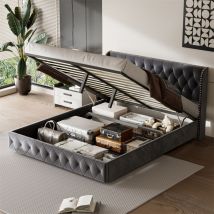 Fortuna Lai - Lit coffre double 160x200cm, avec sommier à lattes et tête de lit avec rivets sur les côtés, motif à losanges, velours, gris foncé