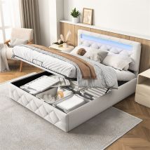 Fortuna Lai - Lit coffre double 160x200cm, avec sommier à lattes et tête de lit led, réglable en hauteur, flanelle, abricot