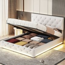 Fortuna Lai - Lit coffre double 160x200cm, cadre de lit avec bande led avec sommier à lattes et tête de lit designe boutons, tissu en lin, beige-blanc