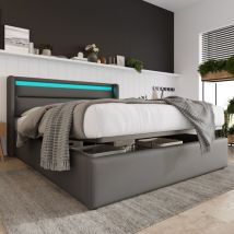Lit coffre 140x200cm en similicuir avec led - avec sommier à lattes - Gris