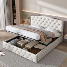 Hauss Spole - lit coffre 140 x 200cm, lit adulte double rembourré, tête de lit réglable en hauteur, hydraulique, pu, sans matels, blanc