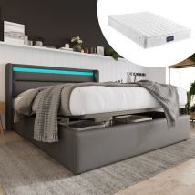 Lit coffre hydraulique avec bande lumineuse led, lit double, cadre de lit, lit rembourré, 160x200cm, lit fonctionnel, gris (avec matelas)