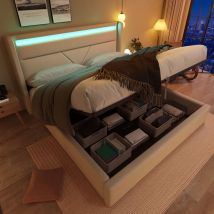 Lit coffre hydraulique avec bande lumineuse led, cadre de lit double, lit capitonné 160x200cm, lit fonctionnel, blanc (avec télécommande) Okwish