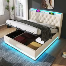 Lit coffre hydraulique, lit adulte, lit rembourré, led, usb Type-C, 160x200 cm lit double, pu, blanc, sans matelas