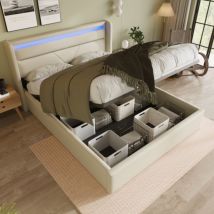 Hommoo - aiducho Lit de rangement hydraulique avec bande lumineuse led, cadre de lit double lit rembourré lit 160x200cm, lit fonctionnel, blanc (avec