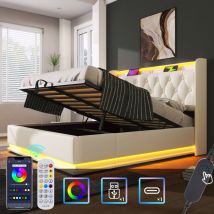 Lit coffre Lit adulte capitonné 140 x 200 cm avec led et fonction de chargement usb Type-C, en pu, blanc, sans matelas, sans fond