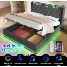 Lit coffre Lit adulte capitonné 180 x 200 cm avec led et fonction de chargement usb Type-C, tissu en lin, gris, sans matelas, sans fond