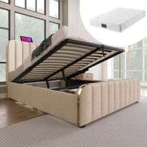 Lit coffre Lit adulte double 140 x 200 cm avec fonction de chargement usb Type-C, tissu en lin, beige, matelas inclus, sans fond