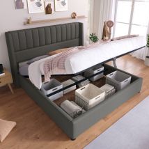 Wishdor - Lit coffre Lit adulte capitonné double 160 x 200 cm avec sommier à lattes, lin, gris, sans matelas, sans fond