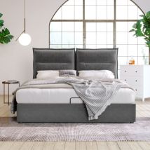 Wishdor - Lit coffre Lit Double Hydraulique 140 x 200 cm. Structure métallique. Velours. Gris. Matelas Inclus