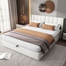 Lit coffre 160x200 cm, lit adulte, lit double capitonné avec rechargeable port usb, éclairage led, pu, blanc, sans matelas
