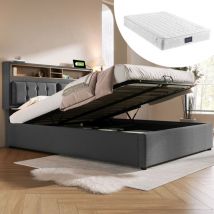 Lit coffre 140x200 cm, lit coffre capitonné 140x200 cm avec tête de lit rangement et prise usb, en lin, gris, matelas inclus