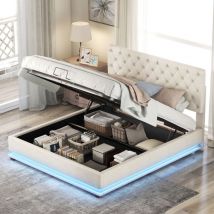 Hauss Spole - Lit coffre hydraulique 140 x 200 cm, lit rembourré double, tête de lit réglable, led, flanelle+MDF, sans matelas, Beige