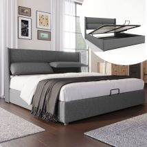 Wishdor - Lit coffre Lit adulte rembourré double 180 x 200 cm avec têtes réglables et sommier à lattes. en lin. gris