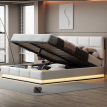 Lit coffre lit adulte capitonné double, led et sommier à lattes. simili cuir,180 x 200 cm, blanc, sans matelas