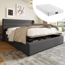 Lit coffre lit rembourré lit double hydraulique 140x200cm, avec matelas, sommier à lattes en bois, lit avec sommier à lattes en métal, lin, gris