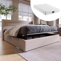 Lit coffre lit rembourré lit double hydraulique 160x200cm, avec matelas, sommier à lattes en bois, lit avec sommier à lattes en métal, lin, beige