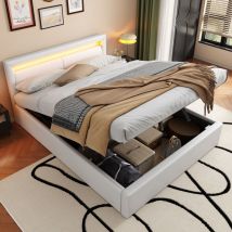 Hauss Spole - Lit coffre rembourré 140x200 cm, lit double adulte avec led, pu+mdf, sans matelas, blanc