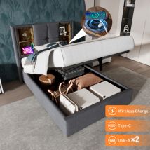 Lit coffre rembourré 90x200 cm - avec chargement sans fil et tête de rangement - tissu en cotton - Gris