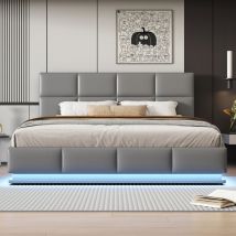 Lit coffre rembourré 180x200 cm avec éclairage led - en similicuir - Gris clair