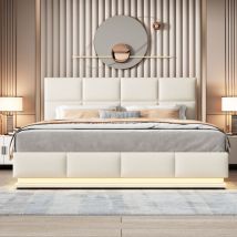 Lit coffre rembourré 180x200 cm avec éclairage led - en similicuir - Beige