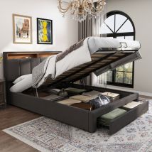 Lit coffre rembourré 180x200cm en lin avec tiroir et LED - tête de rangement - sommier à lattes - Gris