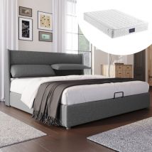Lit coffre, lit adulte rembourré avec appuie-têtes réglables et sommier - 140x200 cm, matelas inclus, gris